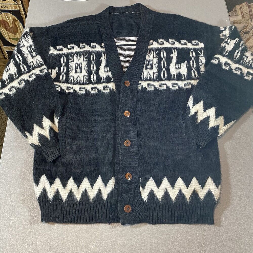 Vtg Alpaca Wool Knit Llamas Cardigan Sweater Peruvian Fair Isle Womens Large